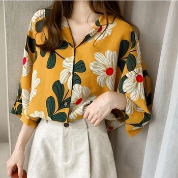 

Women Floral Printed Shirts Summer Blouse Plus Size Long Sleeve Shirt V-neck Three Quarter Sleeve Femininas Shirts Casual Tops