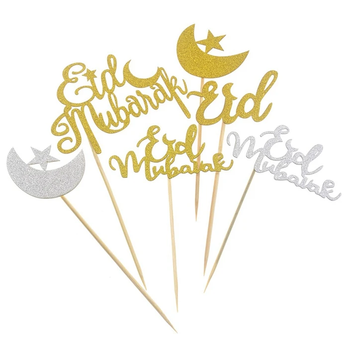 Рамадан украшения для кексов Eid Mubarak Золотая блестящая бумага торт Топпер для Hajj Mubarak украшения торта мусульманский Eid Baby Shower