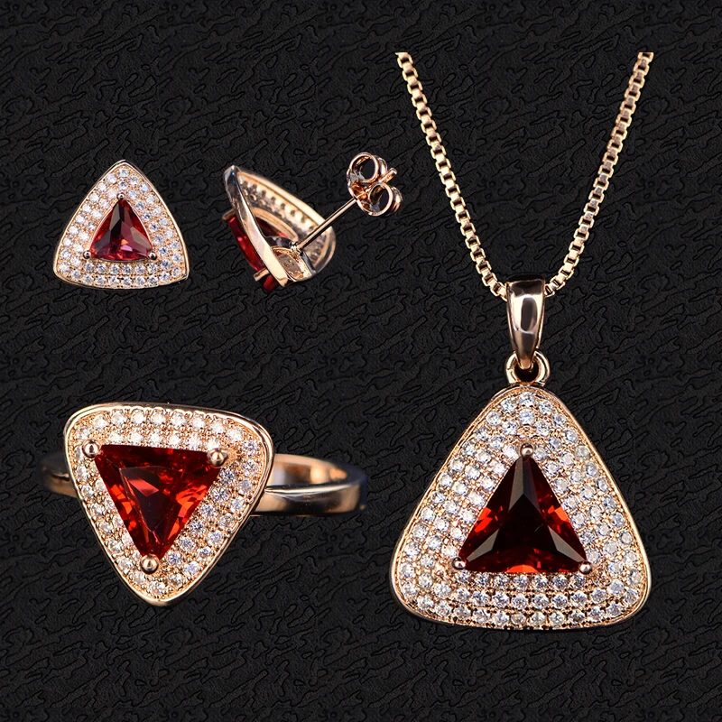 Shipei Sterling Silver Ruby Triangle Jewelry Set Rose Gold Stud Earrings Pendant Necklace Ring For Women Fine Jewelry