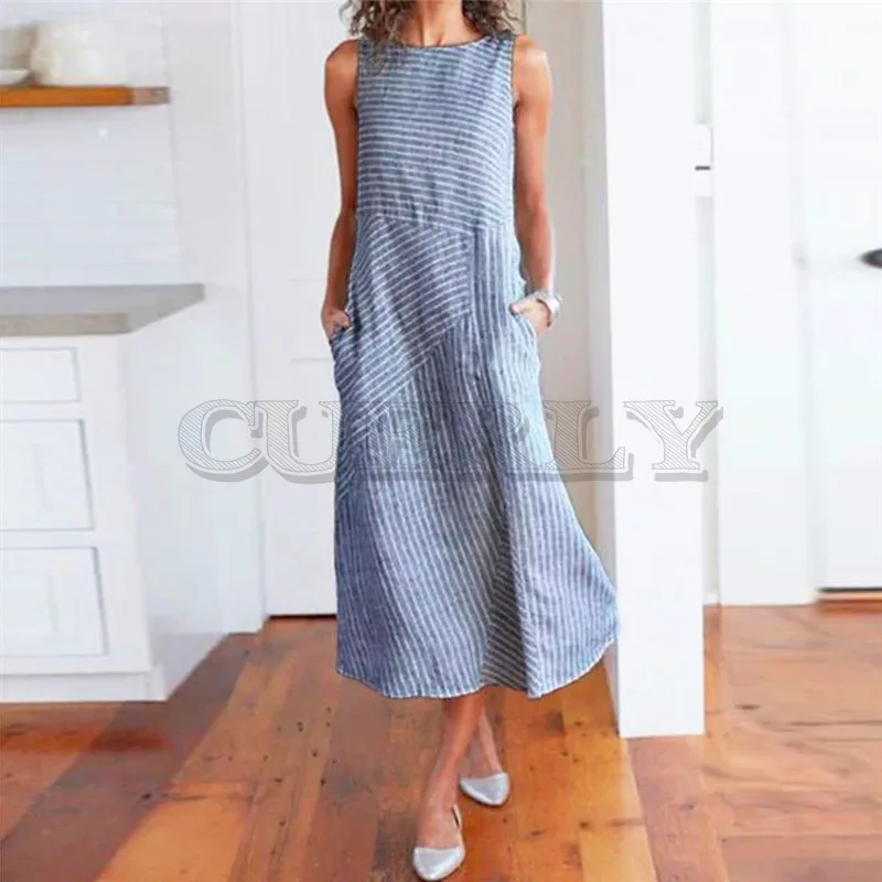 Image Summer Dress Women Casual Striped Sleeveless Dress Crew Neck Linen Pocket Long Dress Bohemian O Neck Mid Calf Dress