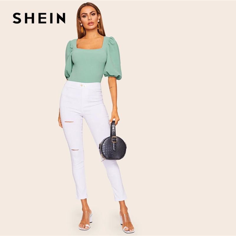 SHEIN, бирюзовая, с пышными рукавами, одноцветная, облегающая, с квадратным вырезом, футболка, женская, летняя,, с коротким рукавом, элегантная рабочая одежда, футболка, топы