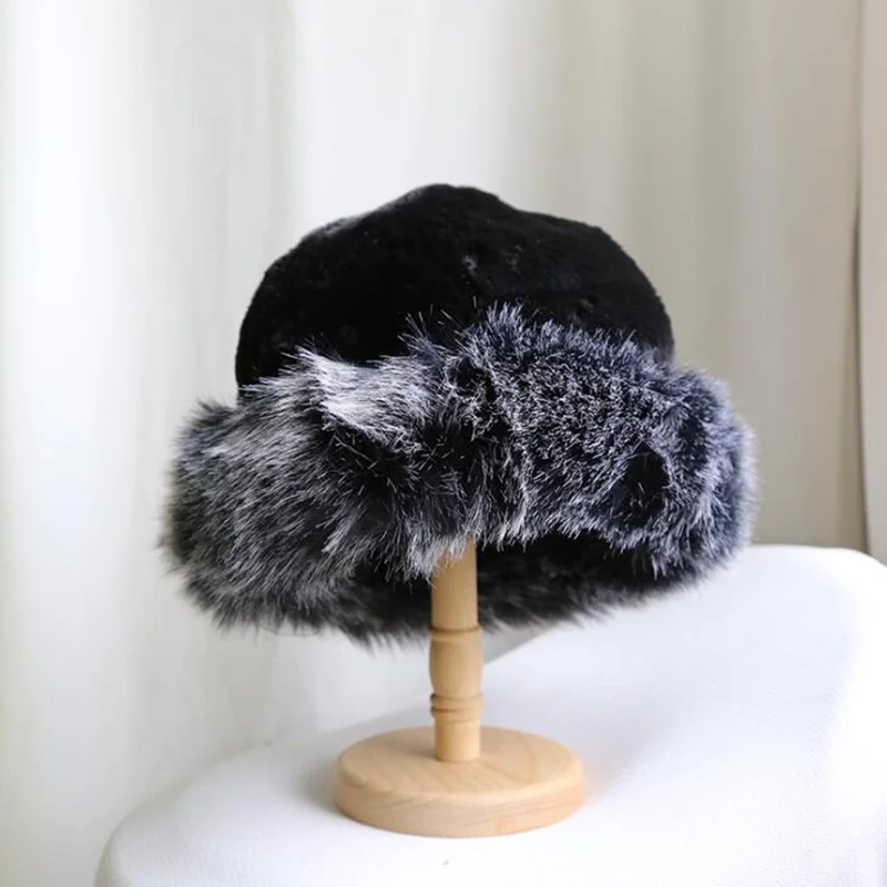 

New Winter Faux Fur Women Hats Thick Warmer Bucket Hats Casual Solid Color Flat Top Fur Cap Feminios Gorras H35