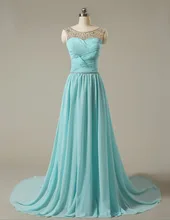 Cheap In Stock Bridesmaid Dress Boat Neck Sleeveless Silvery Beaded Blue Chiffon A Ling Long Prom Dresses 2017
