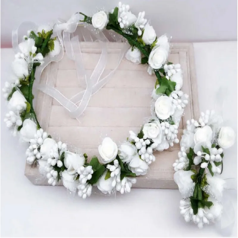 MOBRAVO R/églable Couronne de Fleurs pour Cheveux Mariage et Bracelet pour Femme Fille