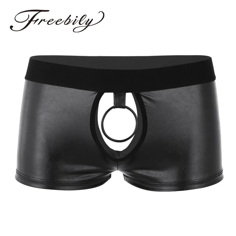 Mens Hot Exotic Lingerie Soft Faux Leather Cut Out Low Rise Boxer