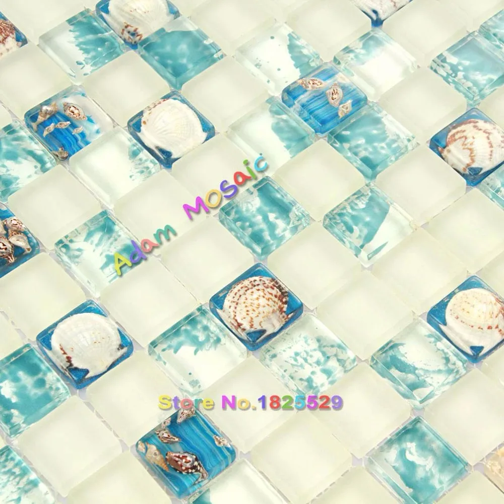 Painting Glass Tiles Blue And White Frosted Resin Conch Beach Style