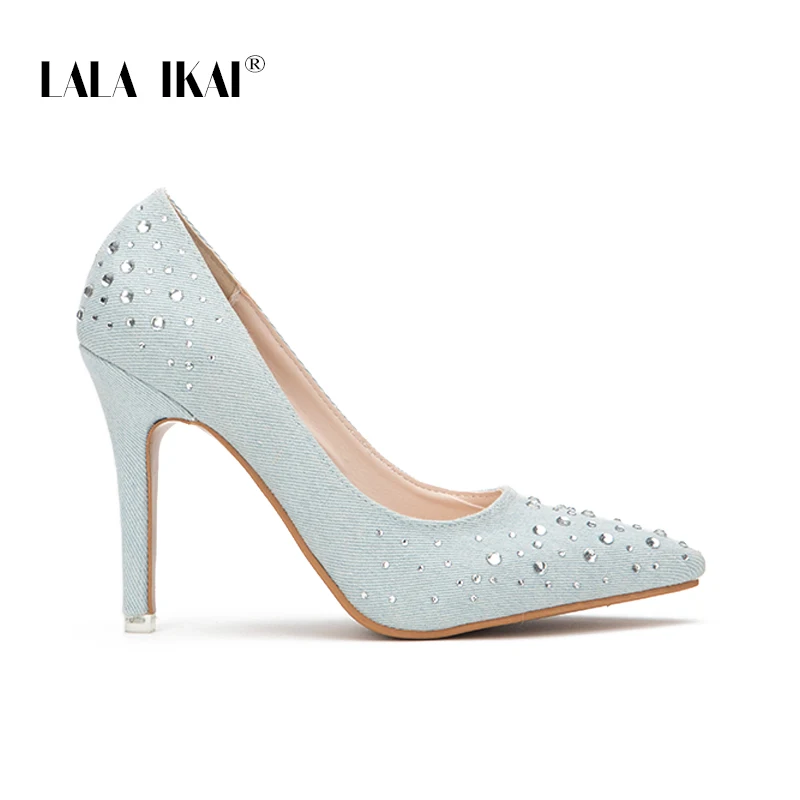 LALA IKAI Ladies Rhinestones Blue Shoes Denim Slip-On Thin Heel Office Party Pumps Sexy Pointed Toe High Heels 014C1859 -49