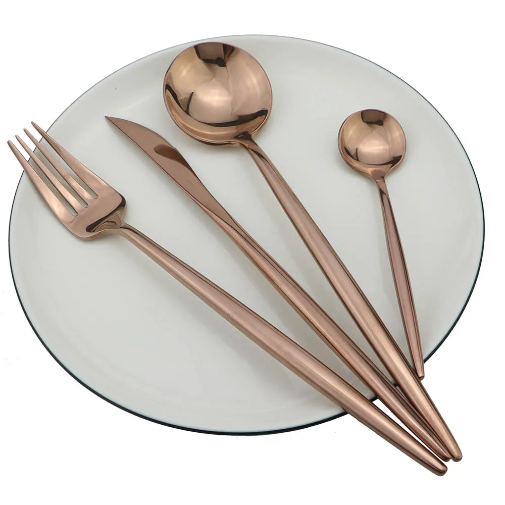 

JASHII 24-pieces Rose Mirror Cutlery 18/10 Stainless Steel Copper Dining Knive Forks Dinnerware Sets Wedding Shiny Tableware Set