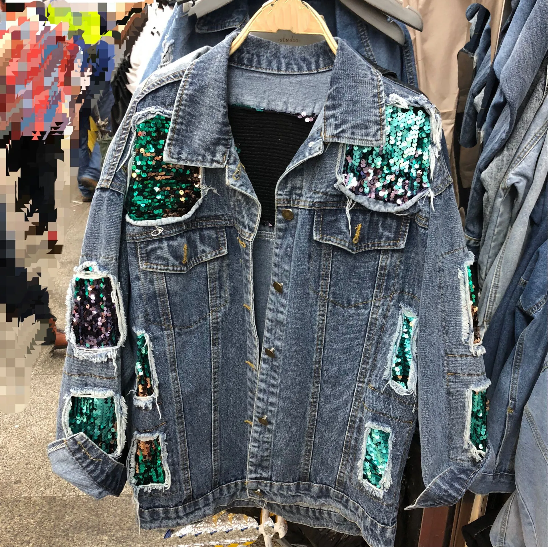 Women Casual Denim Sequin Jackets Fashion Long Sleeve Holes Basic Denim Jacket Vintage Loose Patchwork Sequined Jeans Jacket