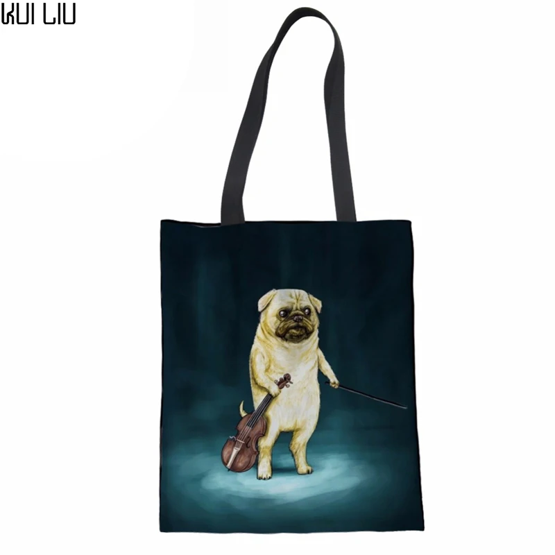 

Canvas Tote Bag Women Shoulder Bags 3D Pug Dog Print Girls Reusable Folding Shopping Bag Portable Beach Bolsa Feminina