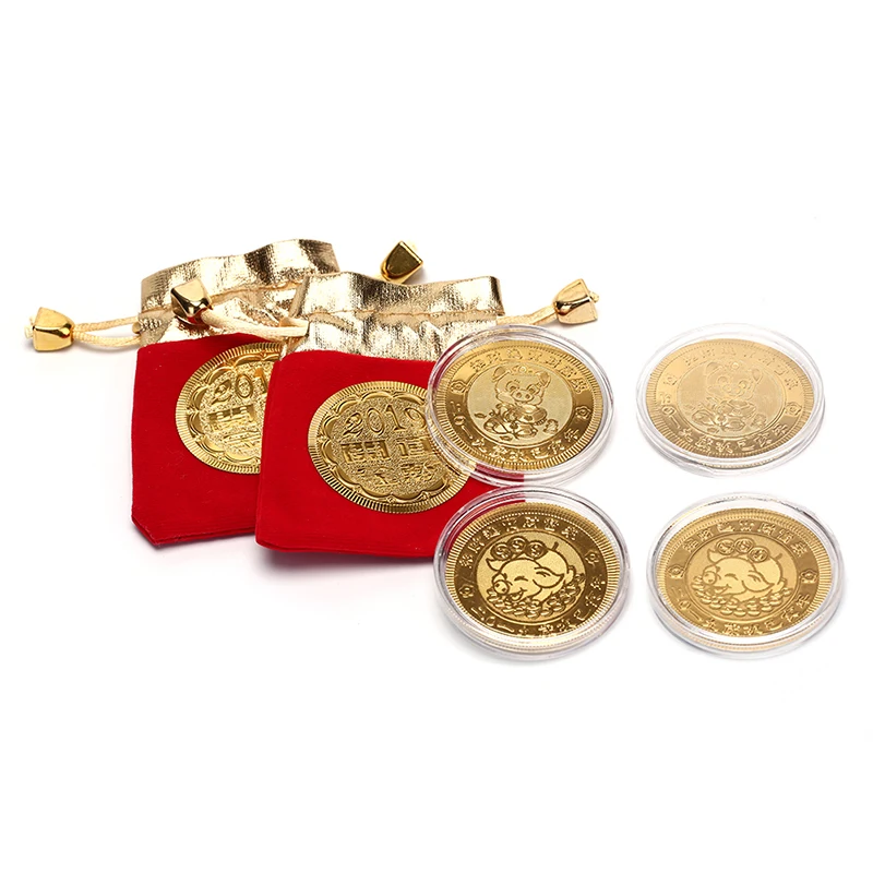 Gold Pig Commemorative Coin Year Of Pig Coins New Year Gifts With Drawstring Bag