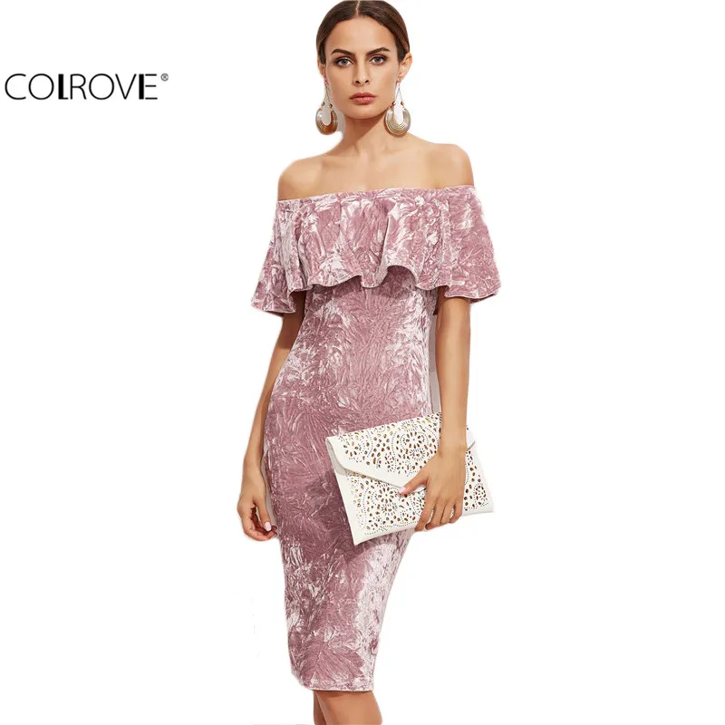 COLROVE Women Business Casual Clothing Autumn Dresses For Woman Brand Pink Off The Shoulder Ruffle Sheath
