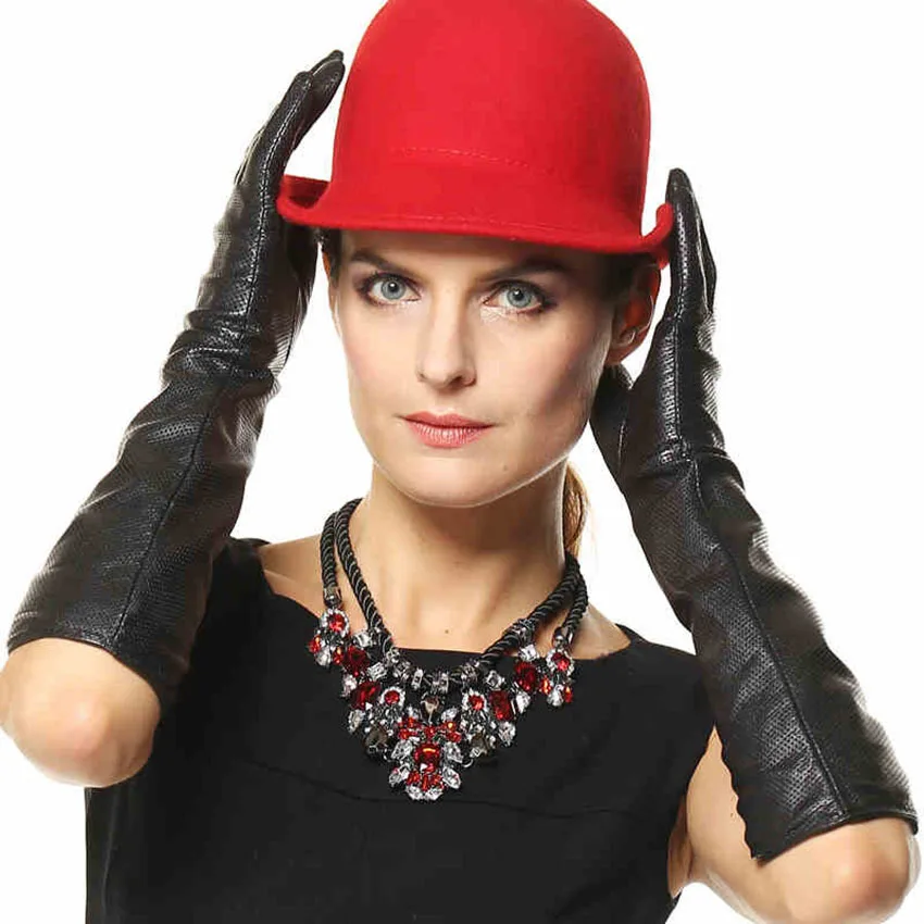 Fashion Black 45cm Long Genuine Leather Solid Gloves Women Breathable Winter Elbow Sheepskin Glove For Driving Hot Sale L081NN