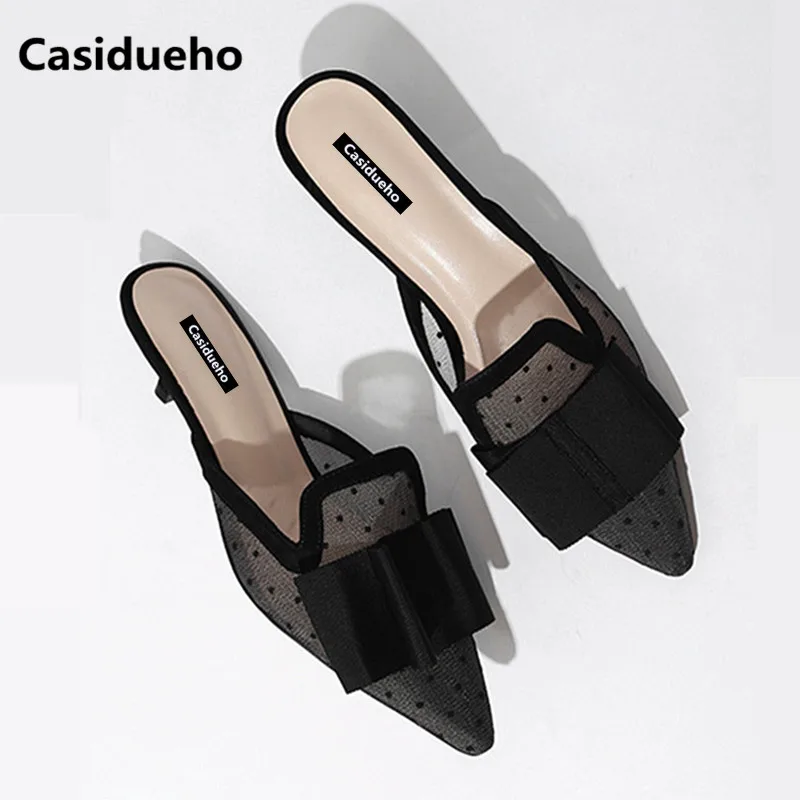

Casidueho Lace Women Slippers Bow Tie High Heels Shoes Woman Sexy Pointed Toe Flip Flops Summer Women Pumps Gladiator Sandals