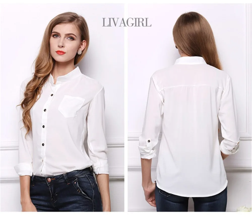 Mainland Women Blouses Fashion Summer Style Long Sleeve Sequin Chiffon Ladies Office Shirt White Blue Tops Formal Working Shirt (15)