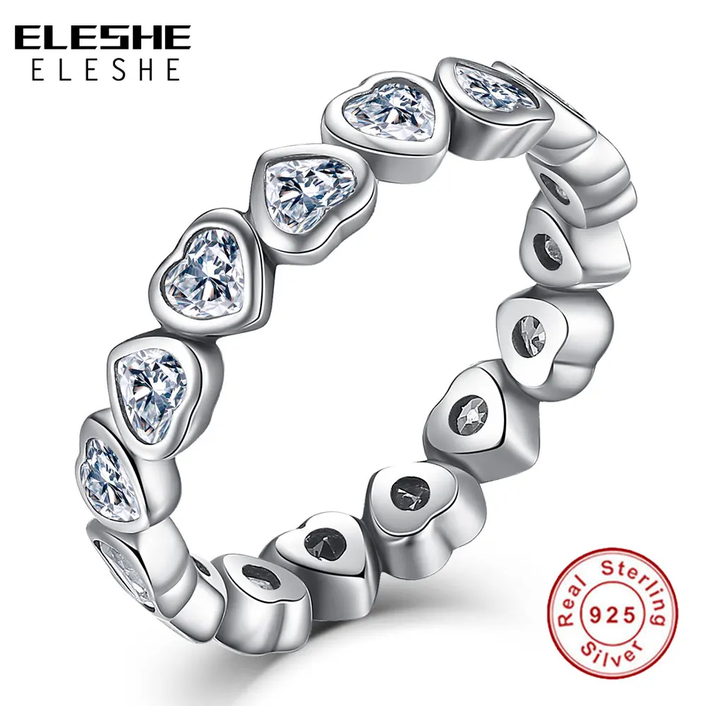 

ELESHE Authentic 100% 925 Sterling Silver Finger Rings Clear CZ Love Heart Rings for Women Original Wedding Engagement Jewelry