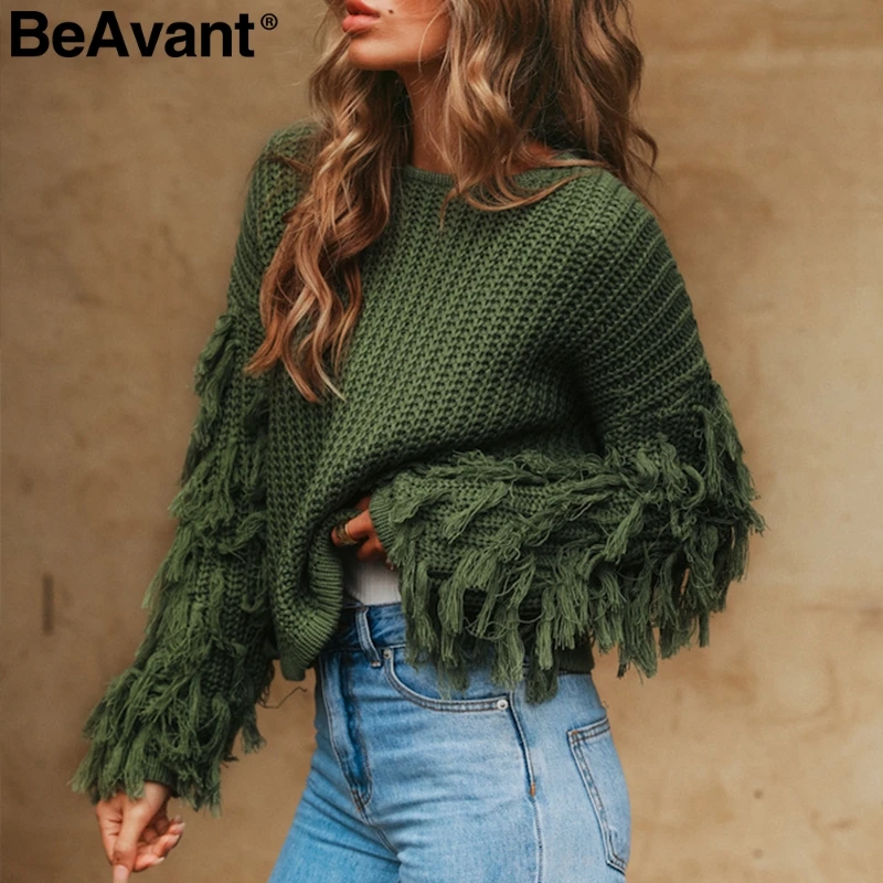 Beste BeAvant Kwastje gebreide trui vrouwen trui losse Casual army green winter trui vrouwelijke O neck 2018 herfst jumper pull femme