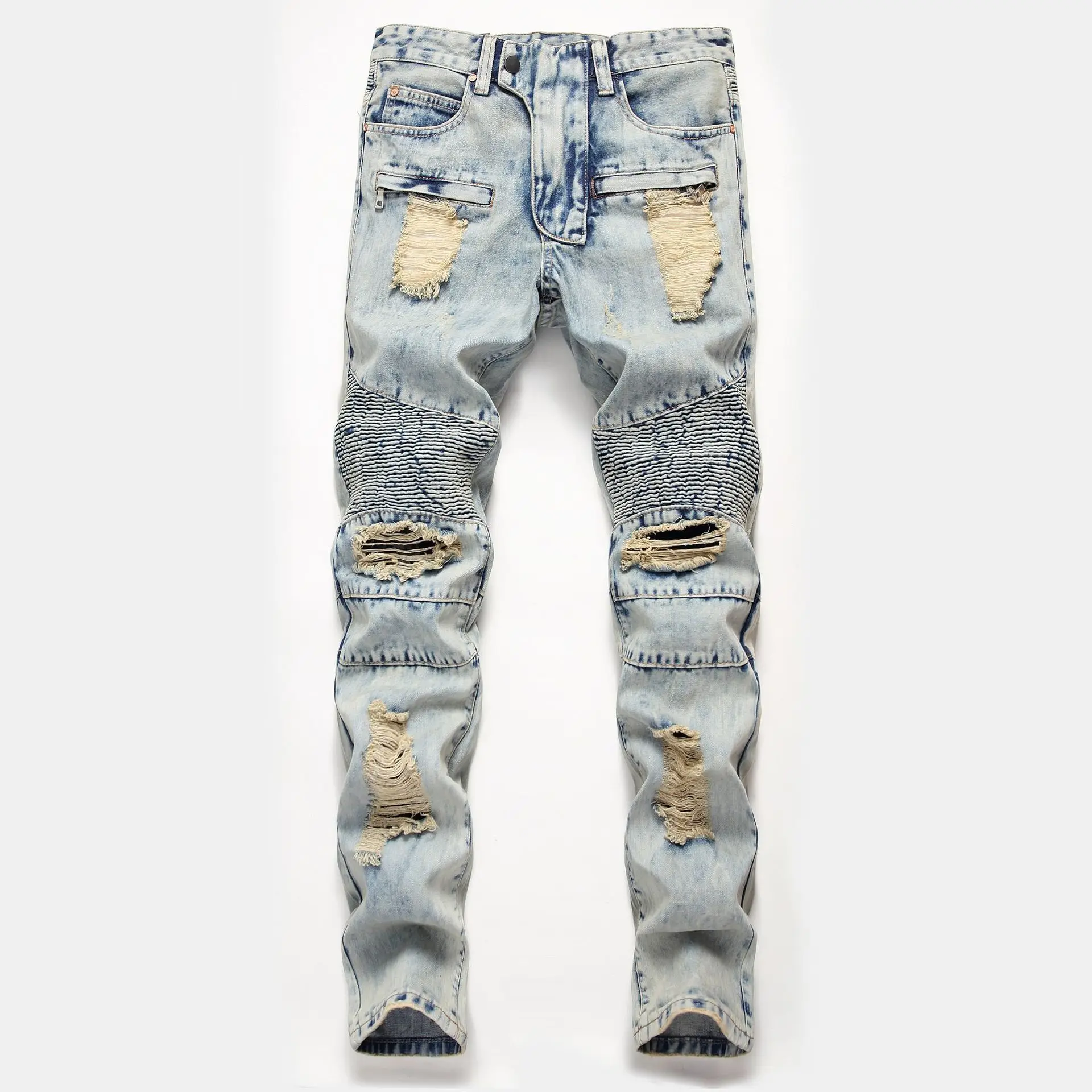 

Original new men's jeans Straight self-cultivation locomotive big hole men's pants tide trousers