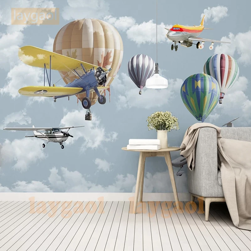 

Custom 3D photo wallpaper cartoon hand painted airplane balloon mural Children room sofa background wallpaper papel de parede