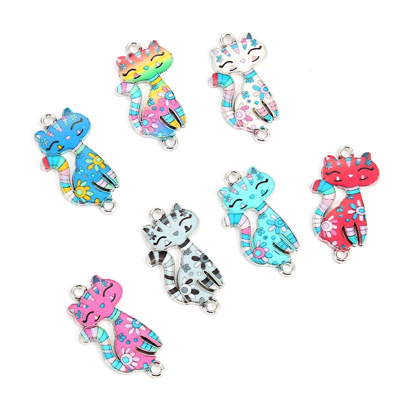 10pcs Cat Enamel Alloy Bracelets Connectors Animal Charms Fashion DIY Necklace Women Jewelry Accessories Finding 3*1.6cm