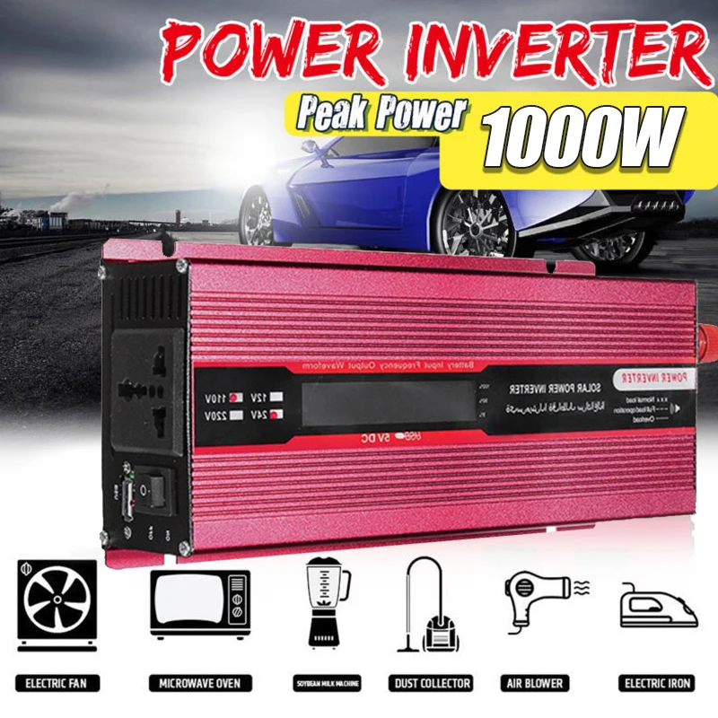 

Car Inverter 1000W Peak DC 12V to AC 220V Power Inverter Charger Converter Transformer Vehicle Pure Sine Wave Power Auto Adapter