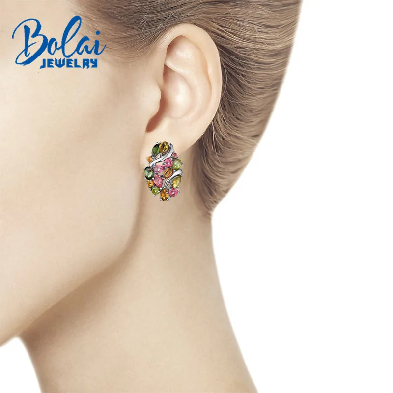 Bolai natural Brazil tourmaline clasp earrings 925 sterling silver multi color gemstone luxury jewelry for women wedding party