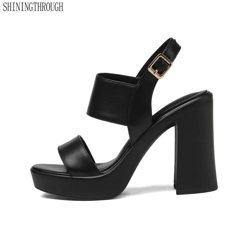 blanc forme Chaussures Véritable Cuir Hauts Arrière Épais Noir Talons Femmes Dames À D'été Sandales En Gladiateur Sangle Plate 2019 Mode P8Hvqn40w