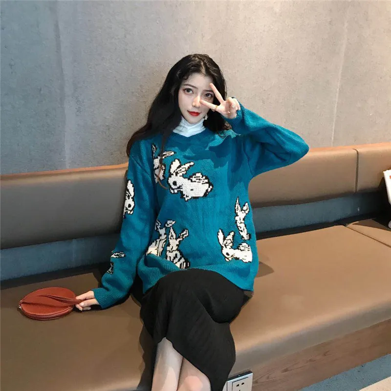 Новинка года; корейский стиль Harajuku; милый модный вязаный свитер с рисунком кролика; цвет синий, серый; круглый вырез; Свободный теплый пуловер; свитер