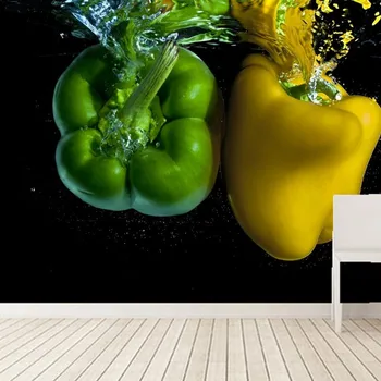 사용자 정의 3d 양각 벽지, 후추 물 두 녹색 노란색 음식 월페이퍼, 레스토랑 거실 tv 소파 벽 주방 3d 벽화