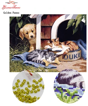

Golden Panno,Needlework,DIY,beads,Cross stitch,Embroidery stitch,Precise Printed painting,animal Pattern,cat and dog