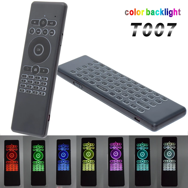 

T007 2.4G Fly Air Mouse Wireless Mini Keyboard 7 Colors Backlight Remote Control with Mic for Android TV Box Projector PC DHL