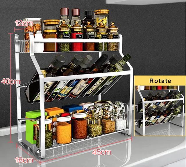 SUS 304 Stainless Steel Kitchen Rack, Rotate Seasoning Shelf 3 layers