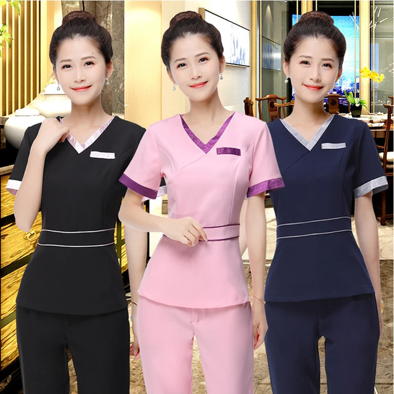 

Women's Fashion Beautician Uniforms Slim Fitting Beauty Salon Spa Tunic Suit Nursing Dress V Neck Short Sleeve Color Blocking