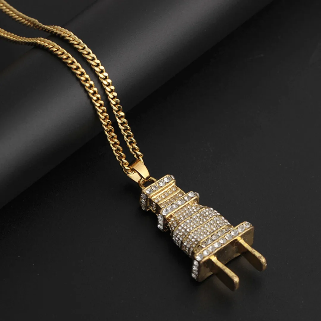Shellhard Silver Gold Plug Shape Pendant Necklace Men Women Hip Hop Charm Chain collares Iced Out Crystal Jewelry