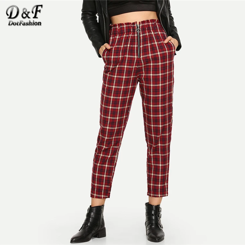 

Dotfashion Burgundy Exposed Zip Fly Plaid Peg Pants Womens Casual 2019 Autumn Women Fashion Elastic Waist Going Out Trousers