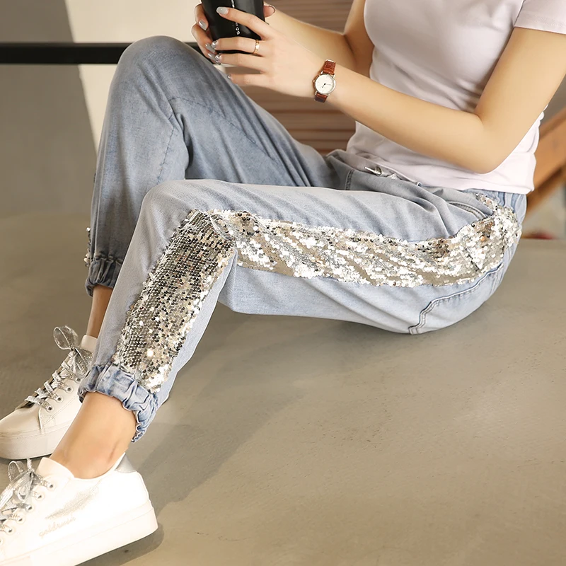 2019 Bordado Femme Mujeres Lentejuelas Vaqueros Metal Recto Agujero Lado Hojas Las Jeans Mujer De La Pantalones Calle Denim q6pqBw8xr