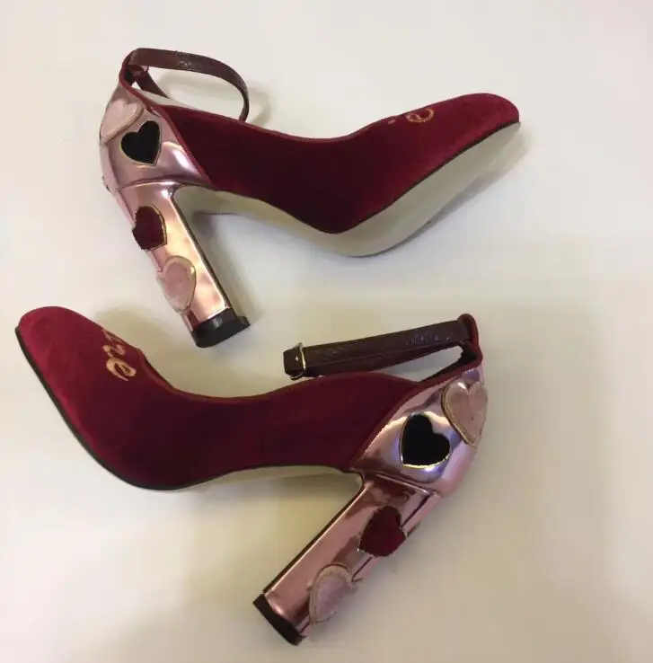 VIISENANTIN New Women Chunky Heel Pumps Shoes Black Wine Red Velvet Heart Real Leather Wedding Shoe Amazing Female Shoe