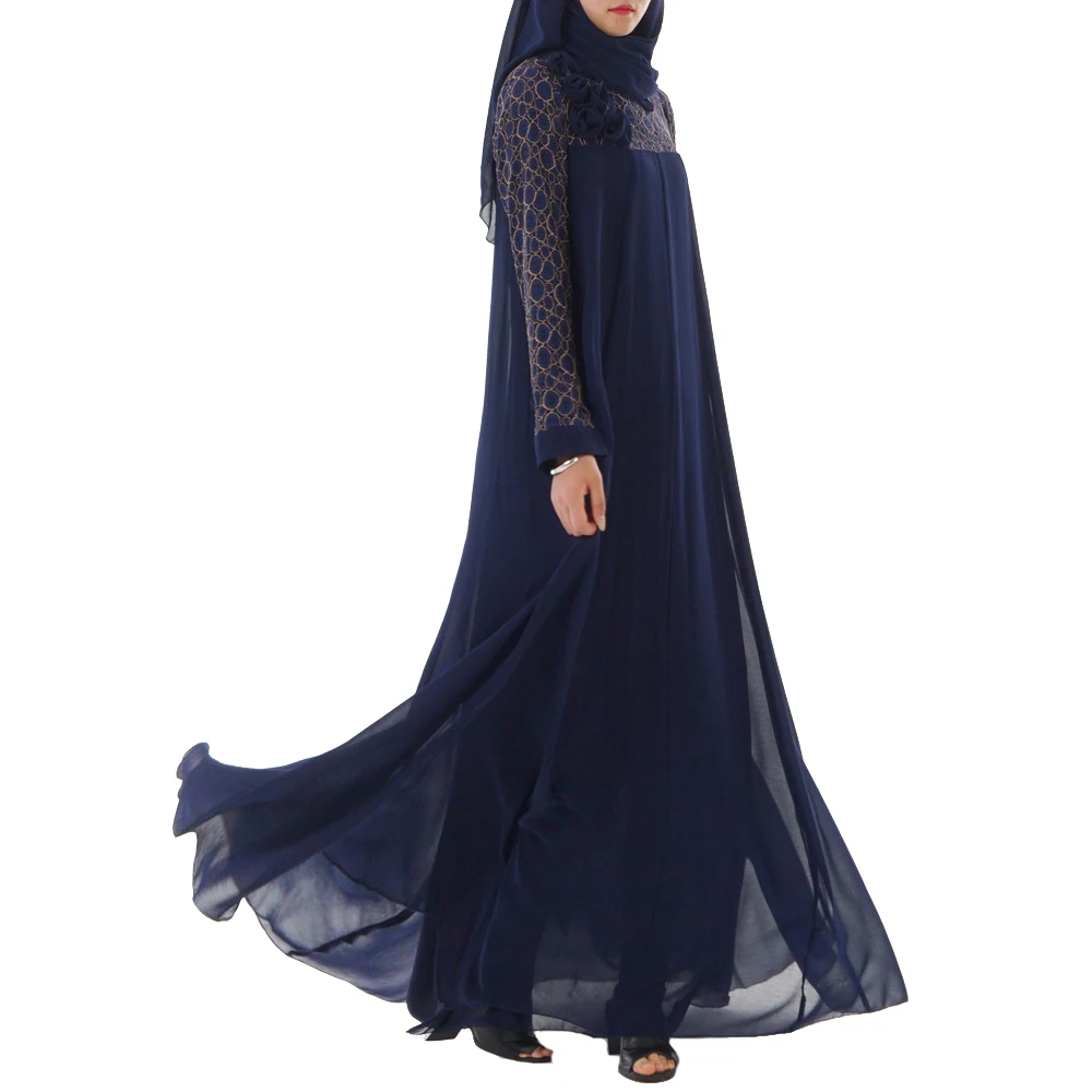 Babalet Women's Muslim Double-layer Chiffon Large Swing Long Dress Islamic Arabian Lace Robes High-end Loose Slim Ramadan |