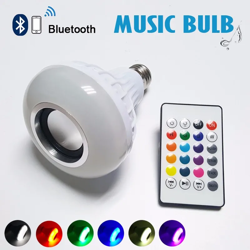 Более дешевый Смарт E27 RGB Bluetooth динамик светодиодный светильник 12 Вт Музыка Воспроизведение затемнения светодиодный светильник с 24 клавишами дистанционного управления лампада