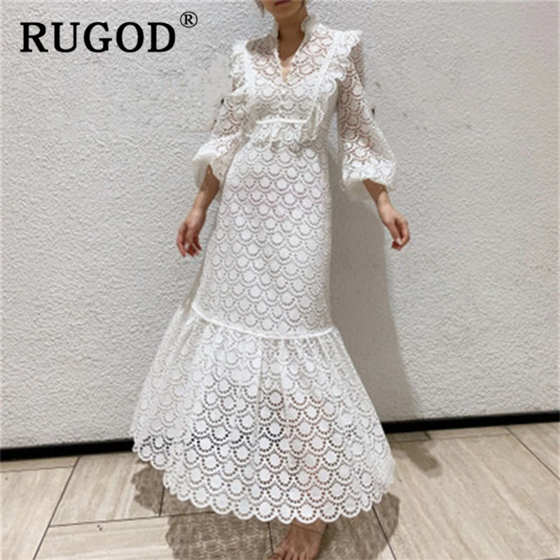 

RUGOD Vintage embroidery long maxi dress women Fashion Ruffles lantern sleeve white party dress ladies Fashion holow out dresses
