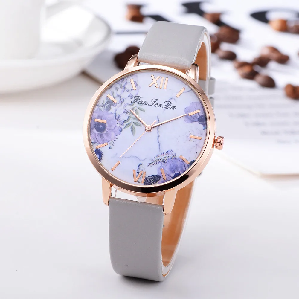 Минимализм женские часы фиолетовый цветочный Циферблат Дамы простые кварцевые наручные часы кожаный ремешок часы Повседневное платье Reloj Mujer# W