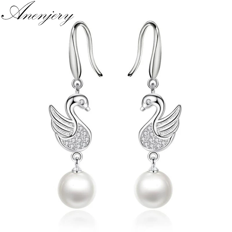 

Anenjery New Fashion 925 Sterling Silver Zircon Goose Swan Pearl Tassel Earrings For Women Oorbellen Pendientes S-E471