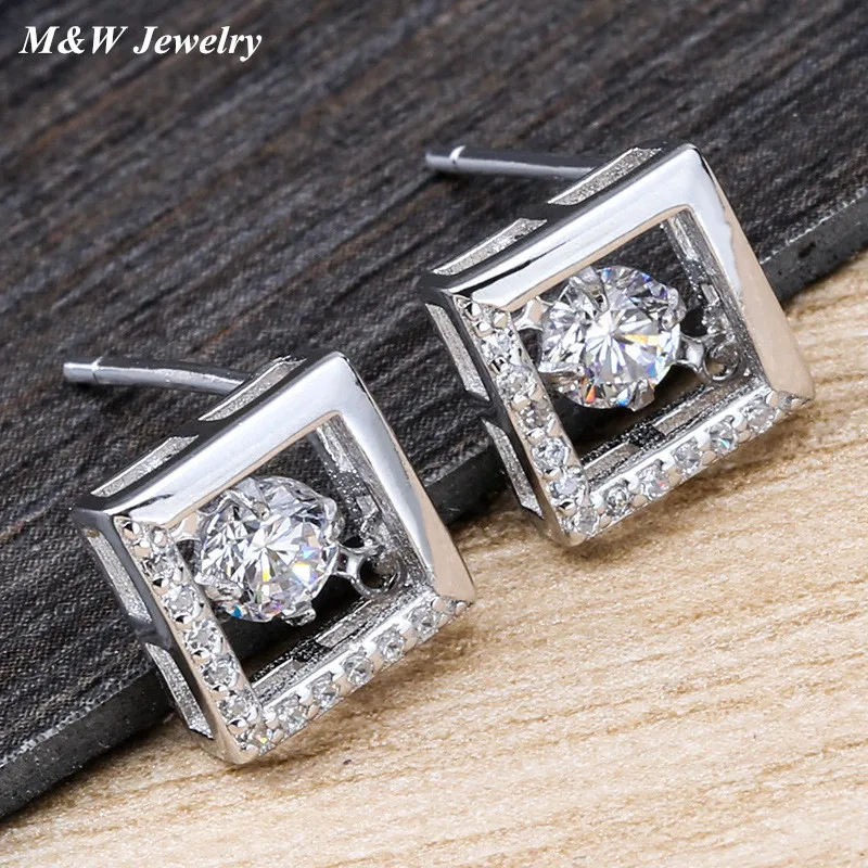 M&W Jewelry Classic Dancing Stone Stud Earrings Solid 925 Sterling Silver 2017 New Stylein Stud