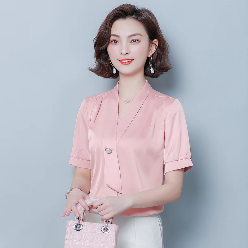 Korean Fashion Silk Women Blouses Satin Short Sleeve Pink Women Shirts Plus Size XXXL Blusas Femininas Elegante Ladies Tops - 33037808768