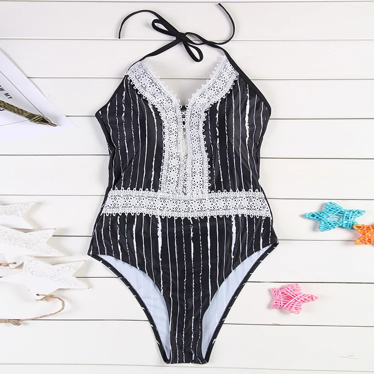 2018 Black White Women Swimwear Striped Lace Sexy Backless One piece