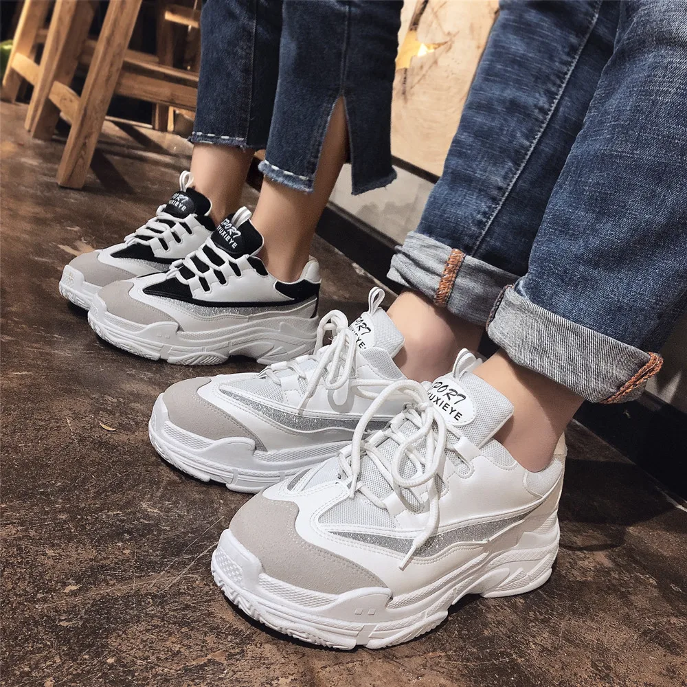 

Women Heels Platform Casual Shoes Wild Women Leisure Black & White Letters Shoes Med Lace Up Girls Sneaker white shoes