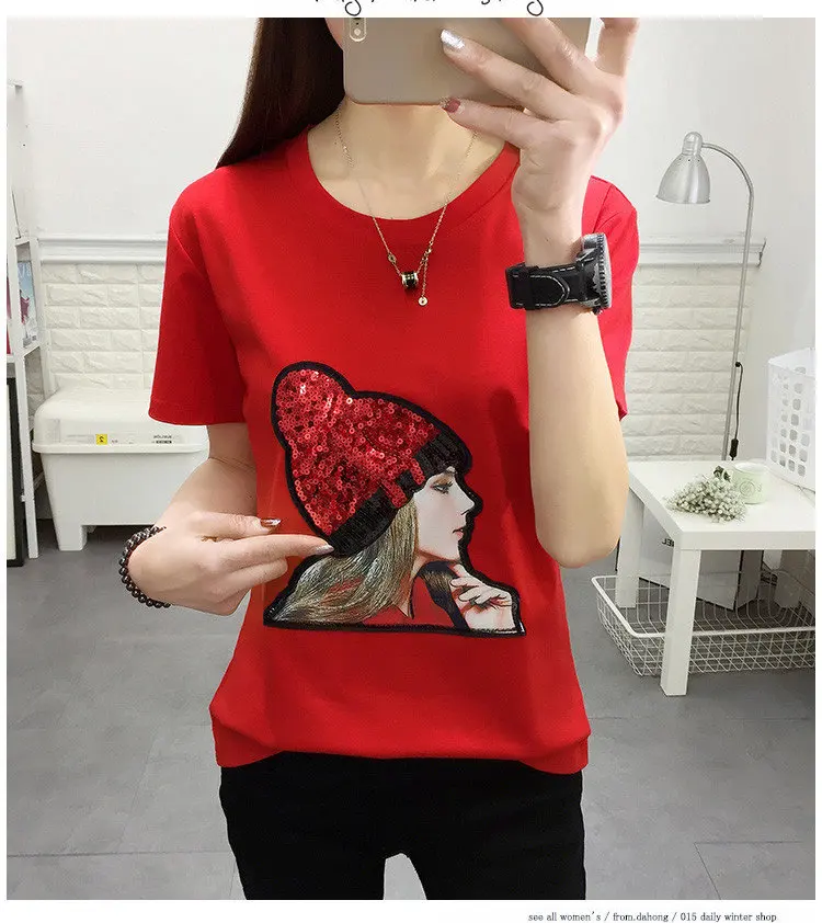 New Summer T-shirt Women Tshirt Plus Size Funny Print Tops Tees Femme Short Sleeve Sequins Poleras Mujer Moda 2018 (8)