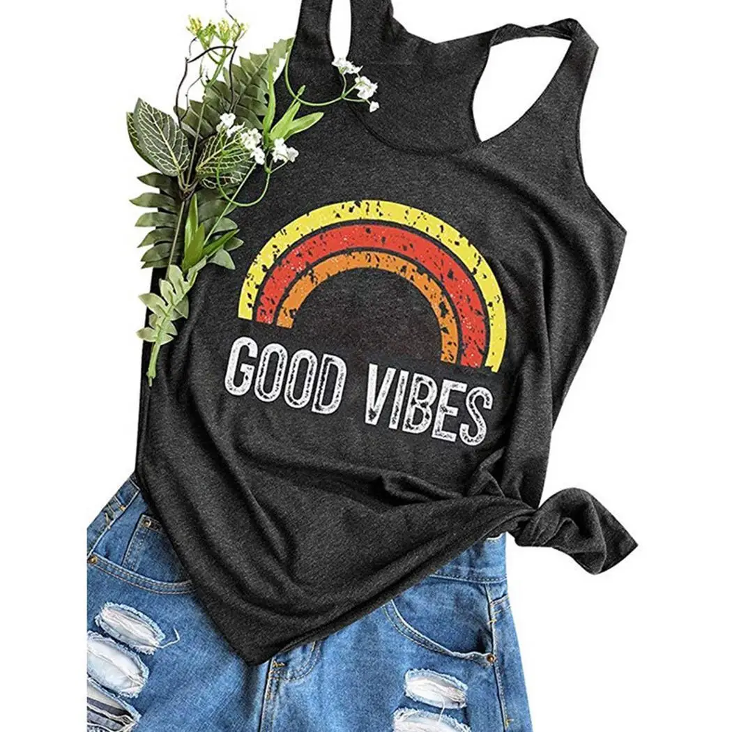 

Women Fashion Sleeveless Dark Grey Tank None Top Letter Printed Slim Summer Casual U Neck T-shirt