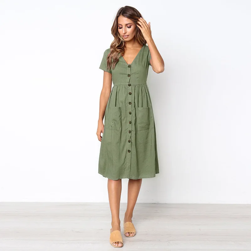 

Dress Female Single-breasted Summer Vestido S-XL V-neck Elastics Mid-waist Short Sleeves Vestidos Mujer Short Sleeves Robe