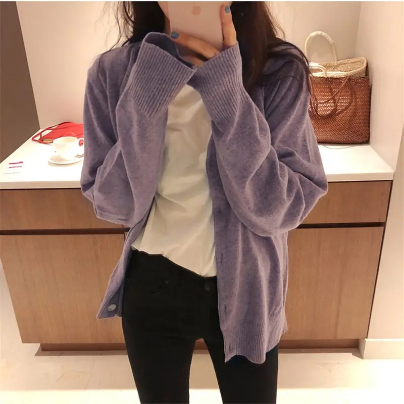 Alien Kitty Hot Preppy Style Taro Purple Fresh Knitted Cardigans All Match V-Neck Full-Sleeved Student Loose Regular Sweaters